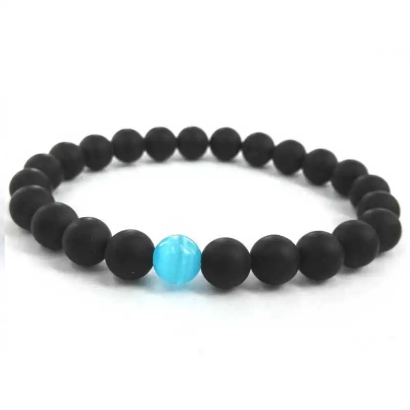 

2019 Brand Fashion Men Bracelet Black Matte Natural Stone Beads With Flat Hematite Charm Elastic Strand Bracelet For Men