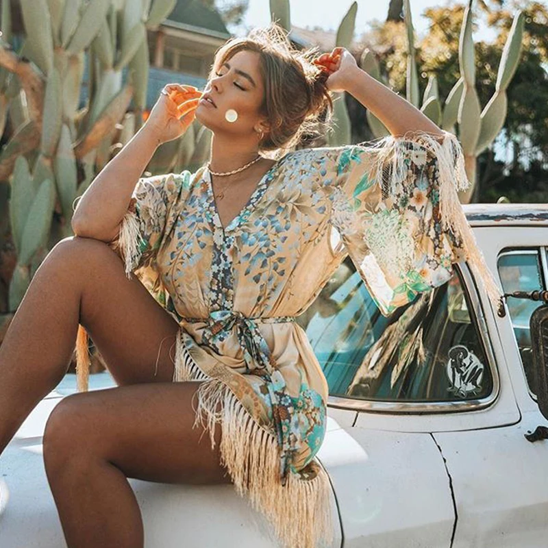

BOHOFREE Radiant Willow Tasseled Mini Dress V Neck Belt Dress Women's Dresses 2019 Floral Printing Beach Vestidos Femme Dress