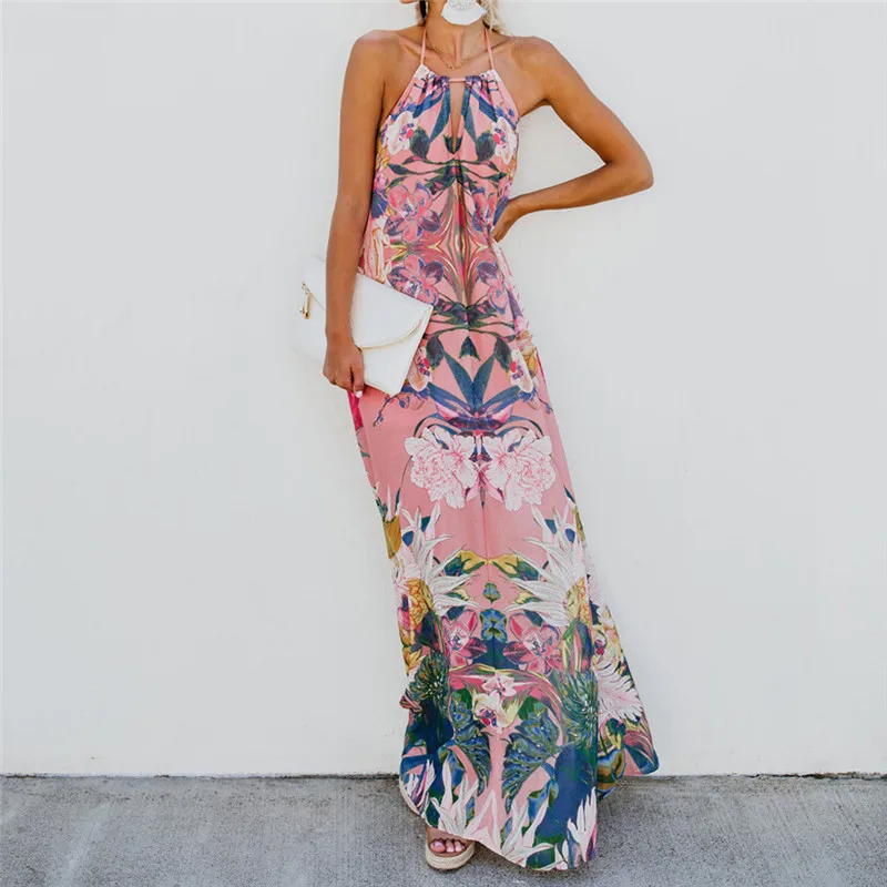 

2019 Women Fashion Floral Print Sleeveless Halter Slash Neck Bandage Maxi Long Dress summer dress party dress vestidos de verano