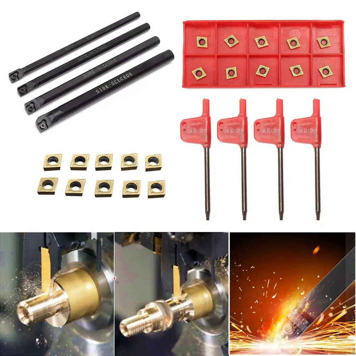 

4PCS SCLCR06 Lathe Turning Tool Boring Bar 6/7/8/10mm + 10PCS CCMT060204-HM Carbide Inserts with 4PCS T8 Wrenchs Set
