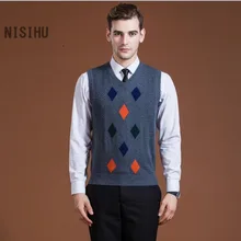 Домашний Стиль Для мужчин V-Средства ухода за кожей шеи свитер жилет пуловер Argyle снаряжены жаккардовый свитер человек кашемировый свитер без рукавов