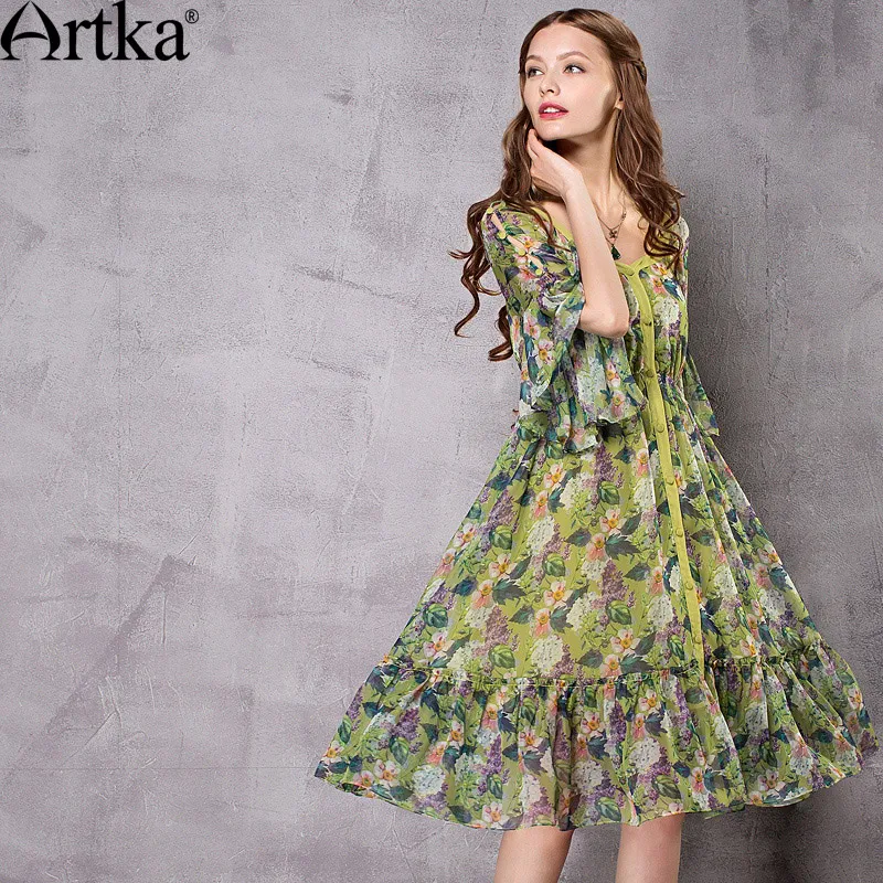 Artka Women's 2017 Spring Floral printed Chiffon Ruffled Dress Vintage V-Neck Butterfly Sleeve Empire Waist Dress LA12672X