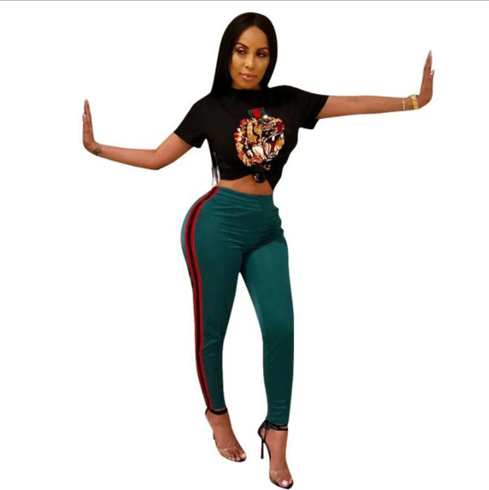 

Women's 2 Piece Outfits Plus Size Black Crop Top High Waist Bodycon Long Pants Rompers