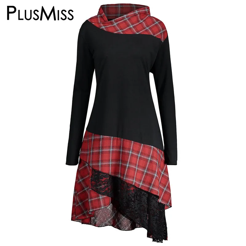 Tanie PlusMiss Plus Size 5XL Rocznika Koronki Kratę Panel Tunika Długi Top Kobiety Jesień 2017 Długim Rękawem Asymetryczna Bluzka Koszula Duże rozmiar