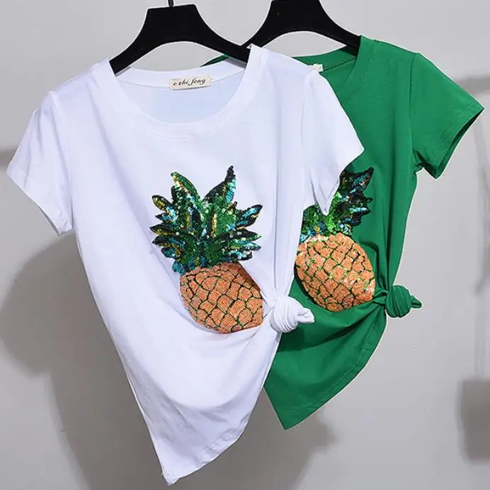 

Summer Girls T-shirts 2019 Heavy Industry Sequins Pineapple T-shirt tops women