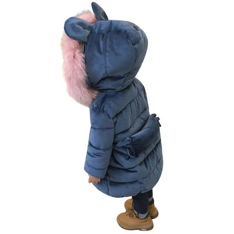 ZLXX для девочек розовый меховой капюшон, воротник зима средней длины утепленная одежда на Хлопчатобумажной Подкладке для детей Зимний бархатный комбинезон