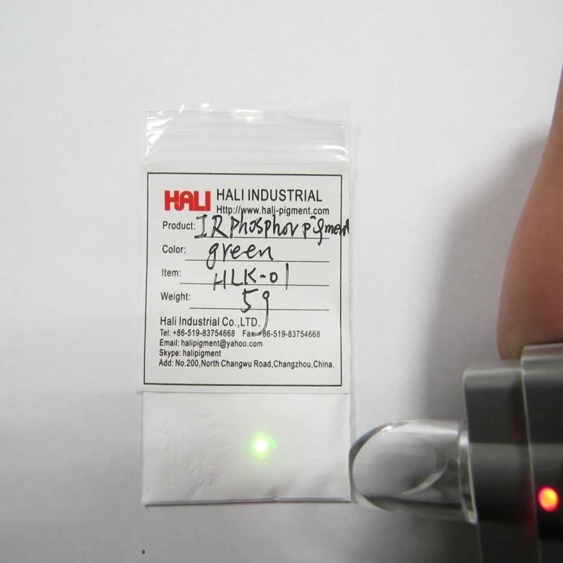 

IR fluorescent pigment,Infrared phosphor pigment, anti-counterfeiting pigment,green color under infrared ray.Net weight:5gram.