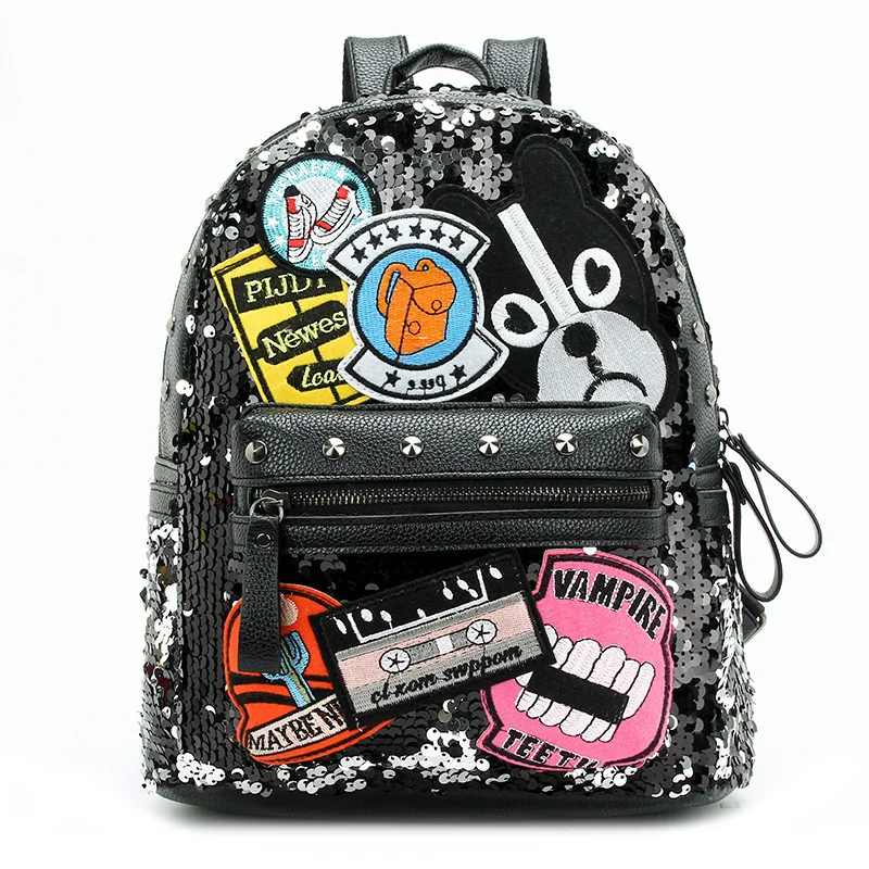 

2018 New Pattern Leisure Time Joker Student A Bag Cartoon Pattern Paillette Split Joint Backpack Woman