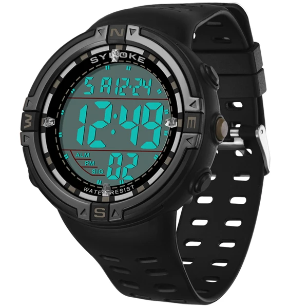 SYNOKE для мужчин цифровые часы Многофункциональный Спорт на открытом воздухе водонепроницаемый бег секунд большой циферблат электронные светящиеся мужские часы - Цвет: Черный