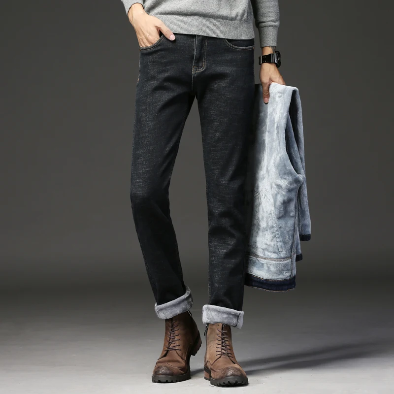 Зимние новые модные повседневные Высококачественные флисовые эластичные прямые плотные брюки большого размера плюс мужские теплые джинсы мужские брендовые