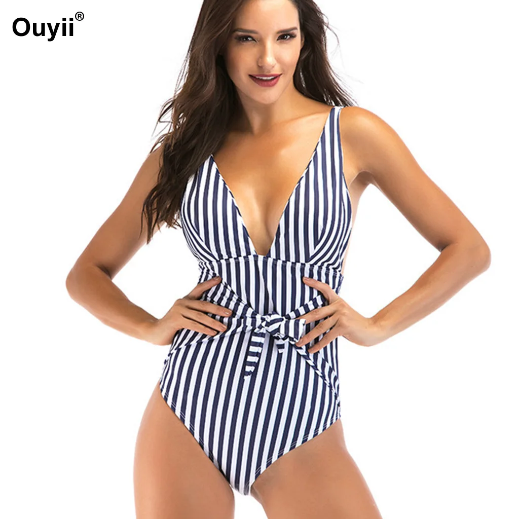 

Sexy Swimwear Women Striped Swimsuit Bandage One Piece Bathing Suit High Cut Monokini Deep V Beachwear Bodysuit Swimming Suit