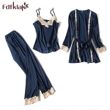 Fdfklak, весенне-летние пижамы из искусственного шелка для женщин, пижама, кружевная Пижама, комплект из 3 предметов, Ночной костюм, Пижама, Femme, комплекты для сна, Q915