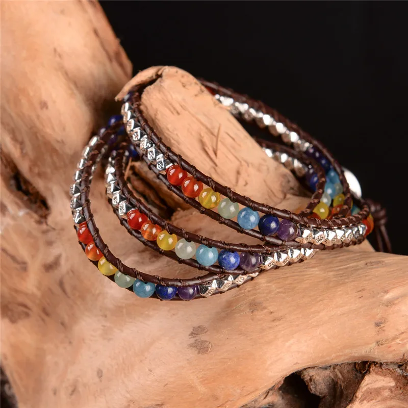 Чакра браслет ювелирные изделия ручной работы кожа обернуть разноцветный браслет запасные хрустальные бусины натуральный камень браслет