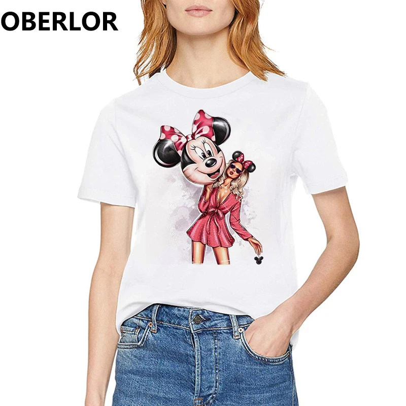 

OBERLOR Vogue Funny T Shirt Women Mickey Classic Streetwear Woman Clothing Short Sleeve Harajuku Kawaii Female White T-Shirt
