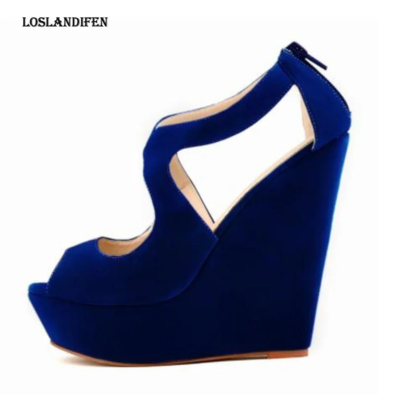 

Loslandifen Spring Women Party High Heel Shoes Fashion Plus Size 35-42 Ladies Cross Strap Suede Platform Wedge Sandals