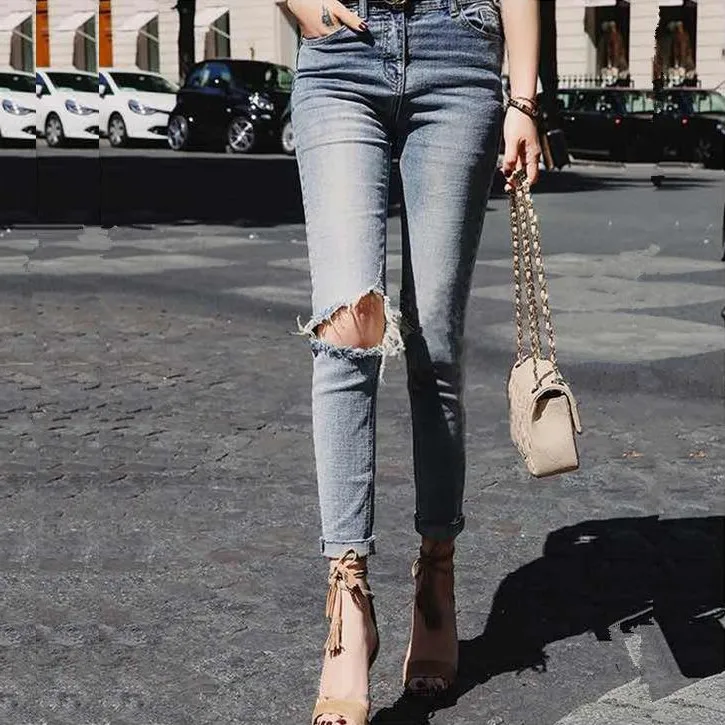 

2019 autumn office lady fashion washed super elastic denim pants with sexy big hole knee women jeans cropped cut women trousers