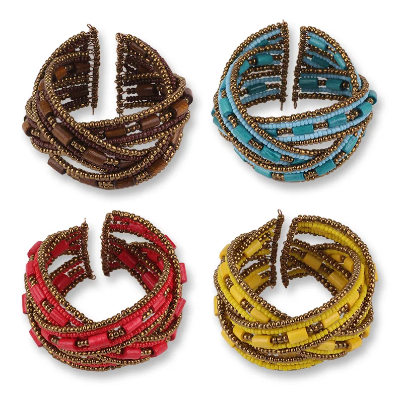 

New Bohemian Beads Bangle Handmade Beaded Open Wide Bracelets Knitted Multi Layer Boho Hollow Strand Bangles for Women Duftgold