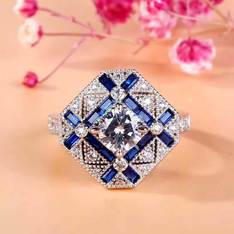 Роскошные геометрические большие кольца для мужчин и женщин, 925 серебро, синий, белый циркон, обручальное кольцо, мужское кольцо с камнем рождения, сапфировое кольцо