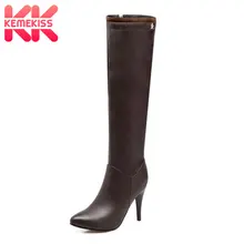 KemeKiss/большие размеры 32-48; женские зимние сапоги до колена на тонком высоком каблуке; обувь с острым носком на молнии; женские плюшевые теплые сапоги