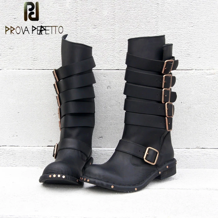 

Prova Perfetto Genuine Leather Belt Buckle Women Short Boots Round Toe Square Low Heel Do Old Style Side Zipper Female Flat Boot