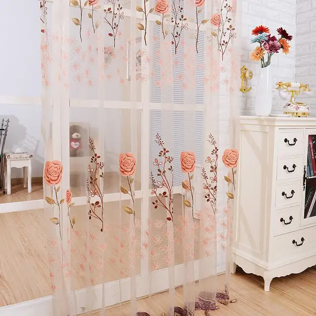 See Through Sheer Panel Door Sheer Curtains Beads Tassel Floral Voile