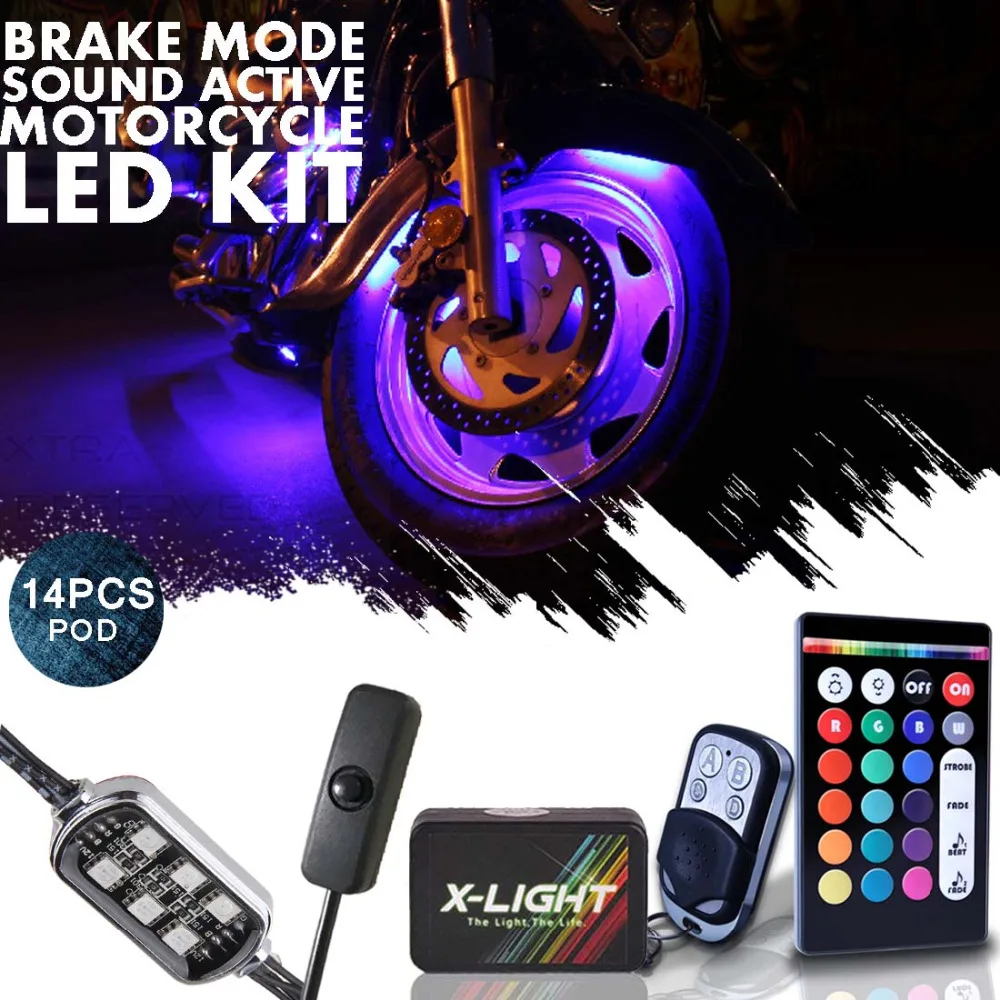US $64.99 14PCS Motorcycle Car LED Under Glow Lights Strip Kit For Harley Davidson w Power Switch Music Active Brake Mode 18 Colors