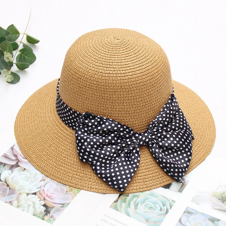 

Summer Ladies'Sunshade Cap Small Fresh Idea Bow-tied Straw Cap Big eaves Sunscreen Sunhat Foldable Pot Cap