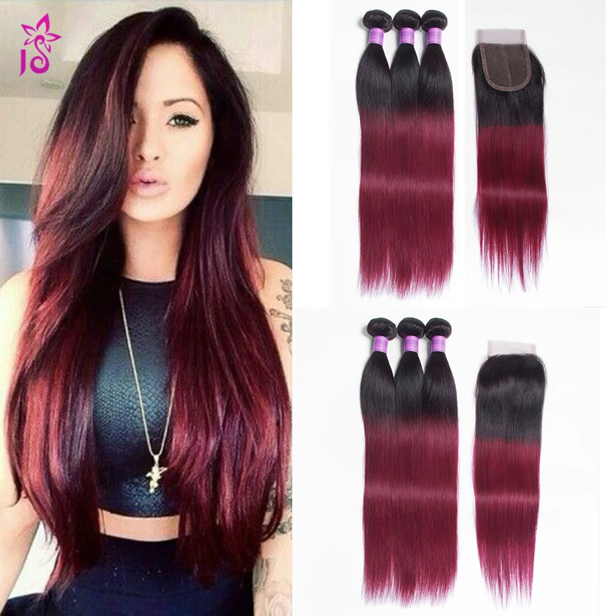 Ombre Brazilian Straight Hair With Closure Cheap Human Hair 3 bundles With Closure Burgundy Brazilian Virgin Hair With Closure
