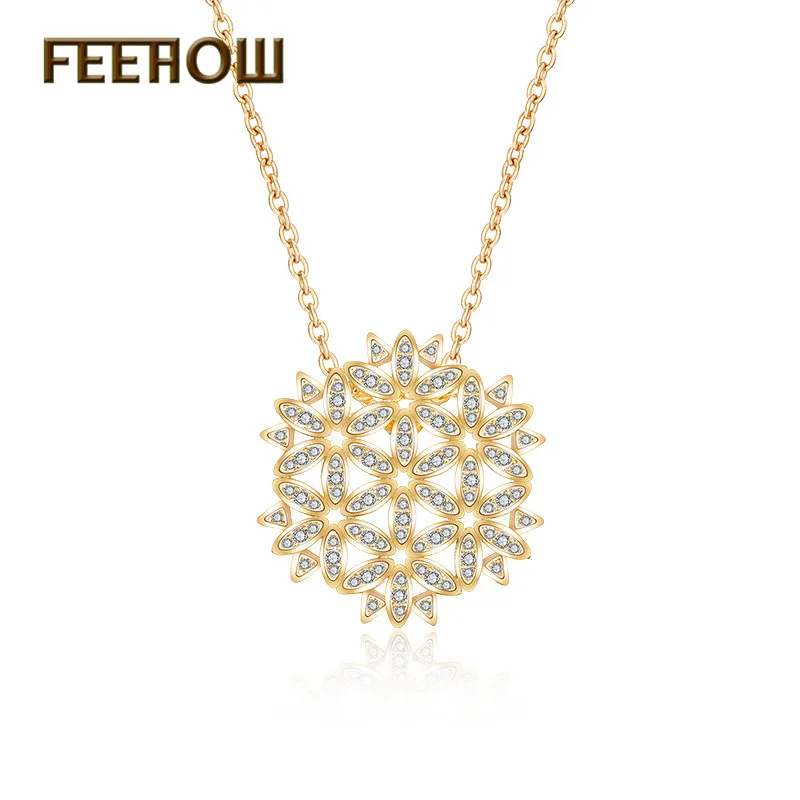 

FEEHOW Romantic Design Flower Micro Pave Cubic Zircon Pendant Rose Gold Color Big Snow Flower Necklace For Women FWNP2047