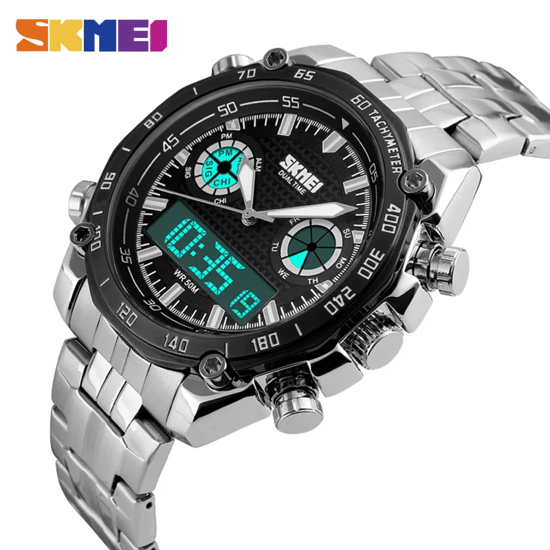 

SKMEI Fashion Sports Watch Men Stainless Steel Dual Display Wristwatches 3Bar Waterproof Luxury Watches reloj hombre 1204