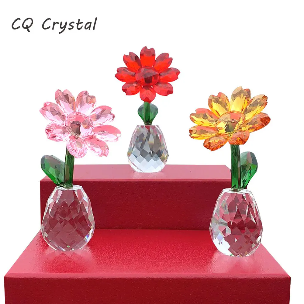

3 Colors Crystal Sunflower Figurines Miniature Glass Craft Flower paperweight Ornament Home Table Decor Wedding Gift