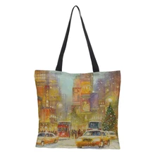 Индивидуальная женская сумка на плечо Льняная сумка двусторонняя печать Рождественский узор Мультфильм большая емкость для отдыха шоппинг тур