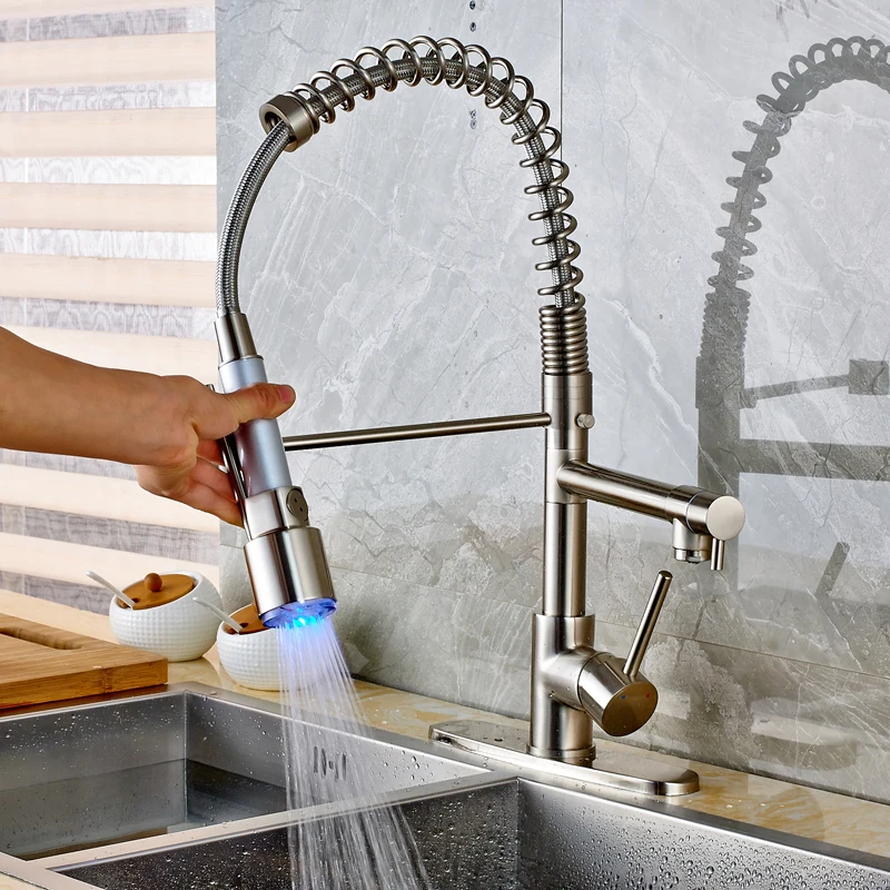 

Nickel Brushed Countertop Pull Out Kitchen Sink Faucet Swivel Spout LED Mixer Tap with 8" Cover Plate
