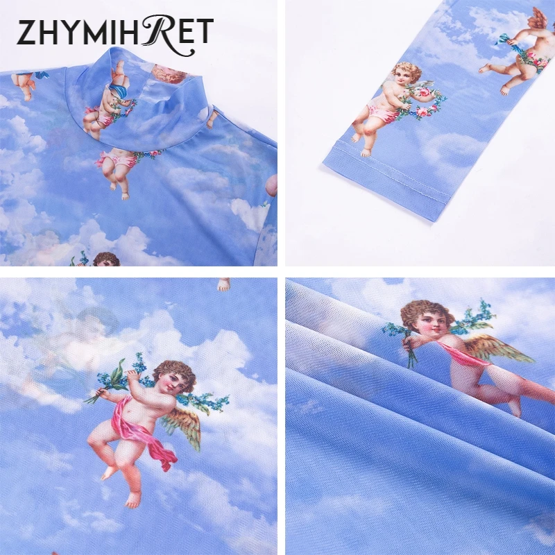 Женская футболка с длинным рукавом zhymifret сетчатый укороченный топ принтом