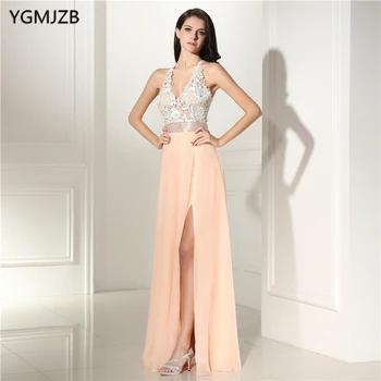 

Backless Lace Evening Dresses Long 2018 A-Line V Neck Beaded Champagne High Split Prom Dress Women Formal Prom Evening Gowns