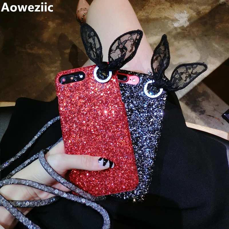 Aoweziic Hot Japan mobile phone shell female For iphone X XS XS MAX protective sleeve glitter lace 6s 7 8Plus strap rabbit ears