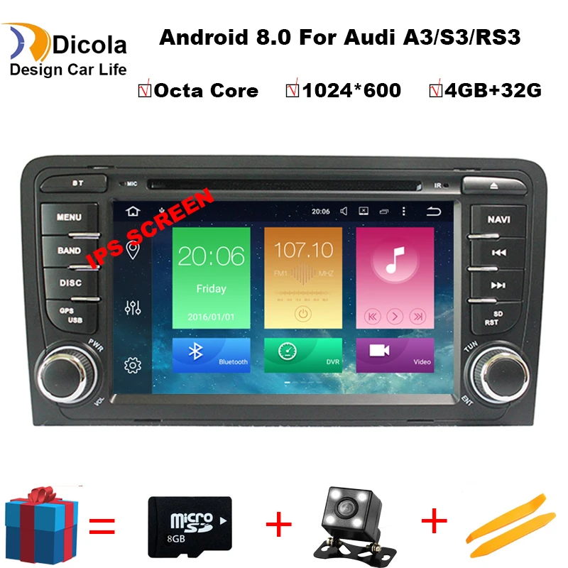 

4GB RAM Android 8.0 Car DVD Player Multimedia for Audi A3/S3 2002-2011 with Canbus Bluetooth WIFI GPS Navigation Radio Free Maps