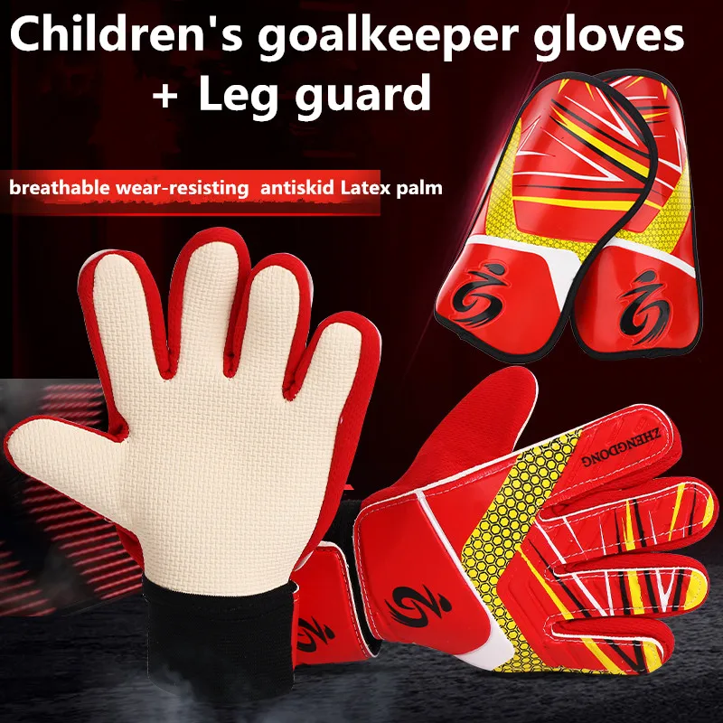 

Youth Kids Football Soccer Goalkeeper Goalie Gloves with Leg Guard Anti-Slip Breathable Gloves Protector Finger lightweitht