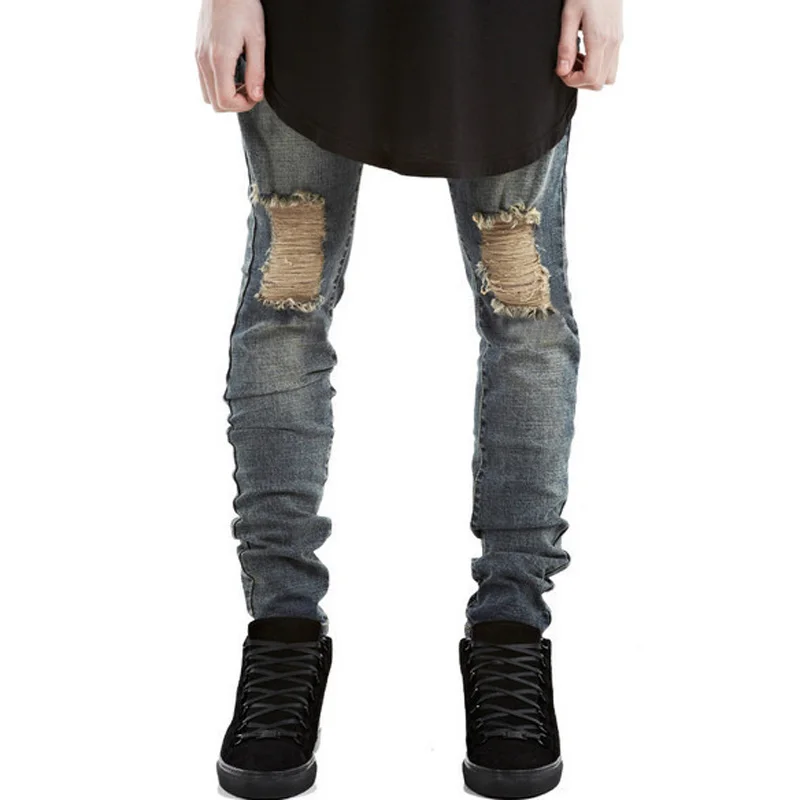 

HOT 2020 Fashion Casual high street brand pure black skinny little elastic jeans men's knee hole hip hop Denim trousers