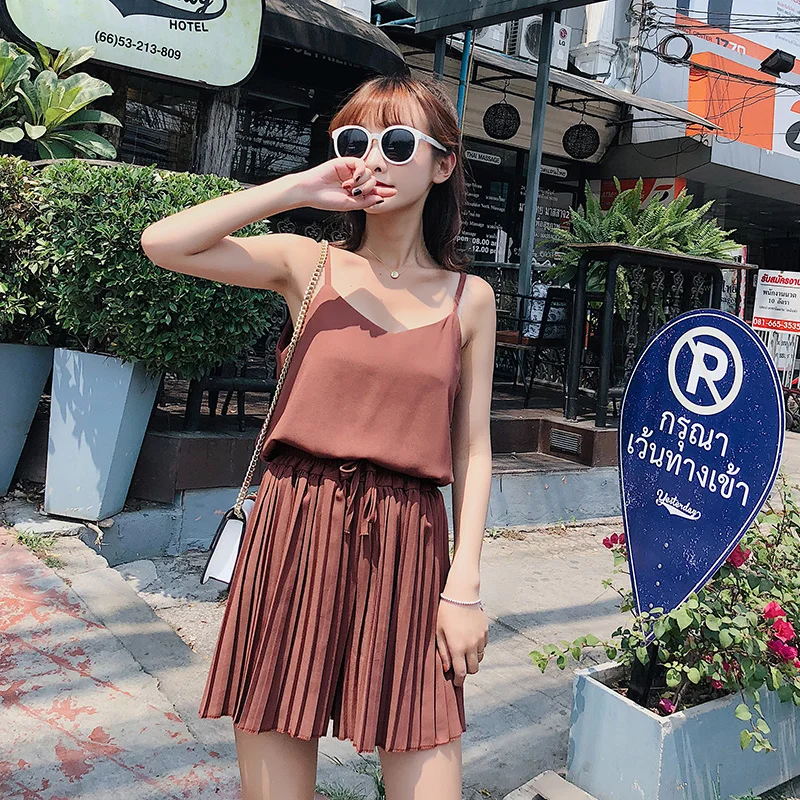 WOMEN SETS CAMISOLE AND WIDE LEG SHORTS TWINSET 2018 SUMMER V NECK STRAP VEST BOW PLEATED HOT SHORT TWO-PIECE DROP SHIPPING | Женская
