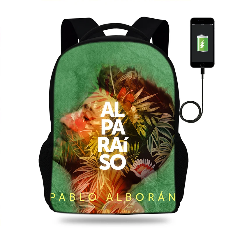 

Student USB Singer Pablo Alboran Print Schoolbag Men Travel Backpack Large Capacity notebook computador Backpack mochila escuela