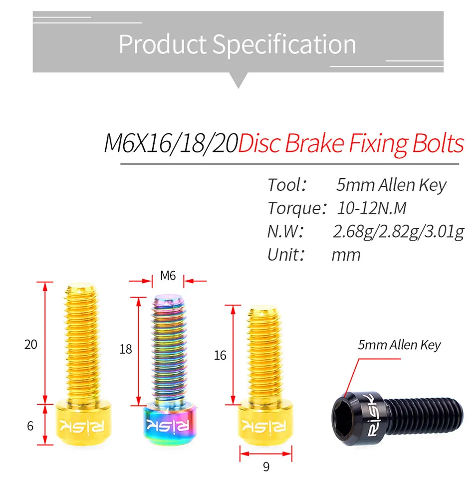 Риск 4 шт. M6x16/18/20 мм MTB велосипед дисковый тормоз болты TC4 Титан сплав велосипедные тормоза болты черного и золотого цвета радуги
