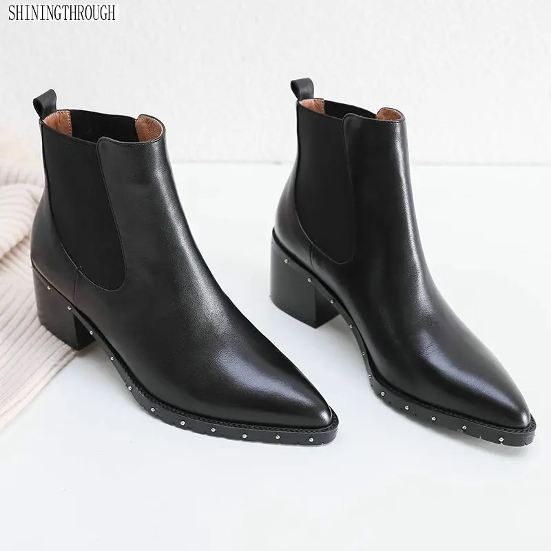 

Genuine leather Women Ankle Boots 6cm high Heels rivets Ladies Shoes Woman poined toe Elegant Office Pumps Ladies Basic Boots
