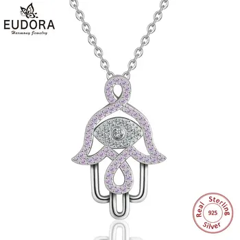 

EUDORA 925 Sterling Silver Evil eye Hamsa hand Pendant Necklace Hand of Fatima Pink CZ Charm Angel Caller Fine Jewelry Gift D308
