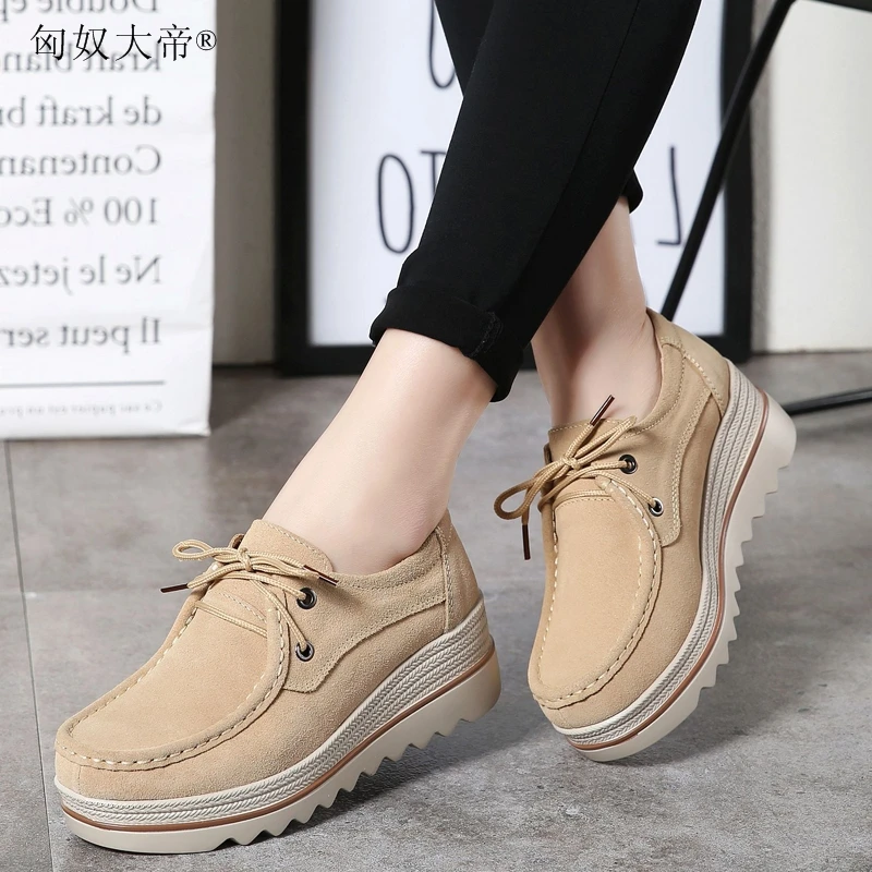 

2018 Autumn women flats thick soled leather suede platform sneakers shoes female casual shoes lace up flats creepers 3089