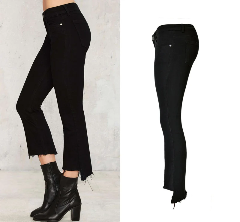 NiceMix Для женщин брюки-клеш с бахромой, деним, джинсы для женщин стрейч большого размера с эластичной резинкой джинсовые асимметрия черные джинсы Femme