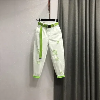 

Women New Candy Hit Color Jeans High Casual Loose Hole Ankle Length Harem Jeans