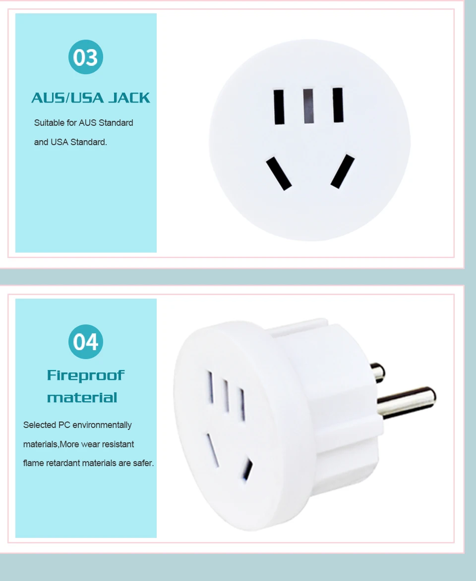2 Round Pin Socket US AU To EU Plug USA AUS To Euro Europe Travel Wall Power Plug Charger Outlet Adapter Converter Safety Valve (11)