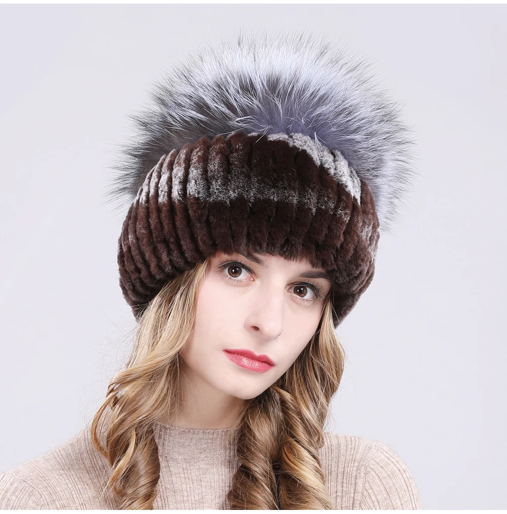 Outdoor Women Warm Soft Genuine Rex Rabbit Fur Hat Knitted Natural Real Sliver Fox Fur Caps Winter Real Rabbit Fur Beanies Hats