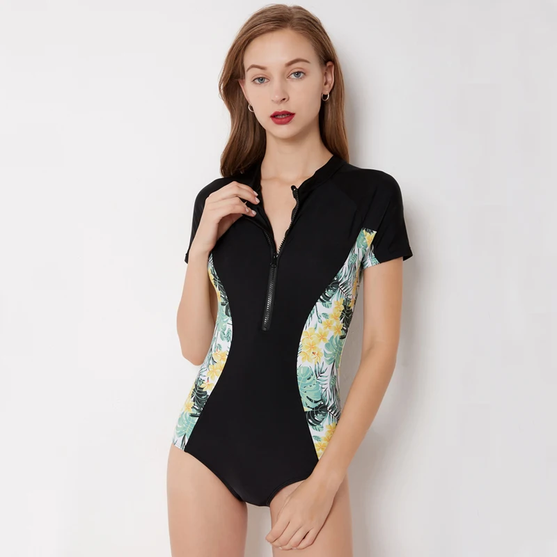 Women One-Piece Swimsuit Short Sleeve Swimwear Zipper Monokini Bathing Suit